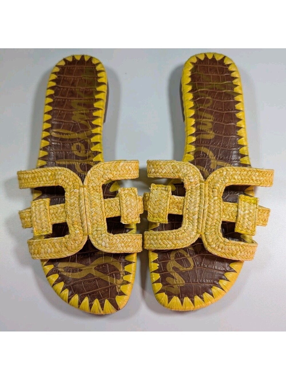Sam Edelman Womens 7.5 Yellow Brown Beckie 2 Raffia Woven Slide Sandals Boho